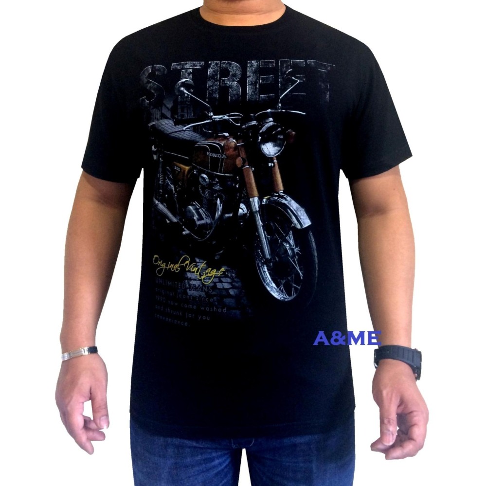 A&ME - Kaos Distro T-Shirt Pria Fashion 100% Cotton Combed 30s Baju Pria Wanita Kaos Cowok Cewek T-Shirt 3D Terbaru Kekinian Animasi Seni Kata Gambar Sablonan Kendaraan Roda Street Honda Coklat Atasan Pakaian Lembut Adem Keren Modis Casual Sporty -Hitam