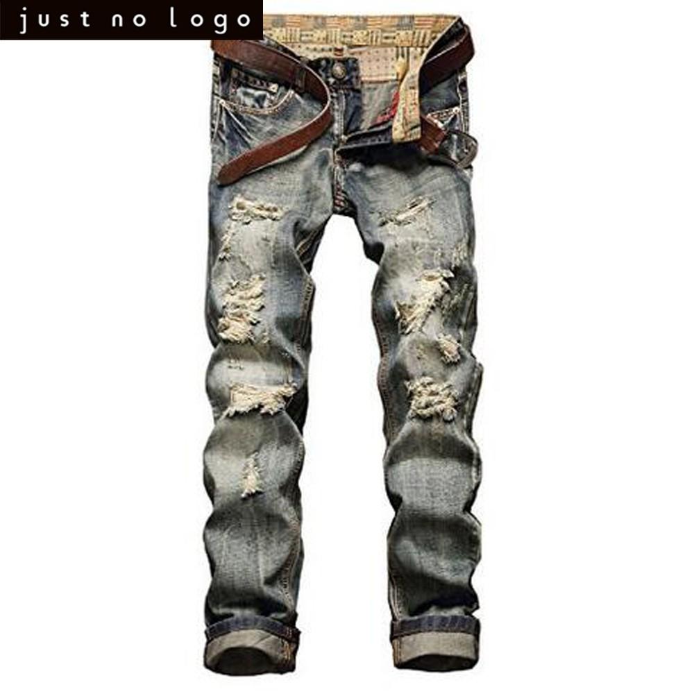 Murah Vintage Tertekan Hancur Ripped Jeans Untuk Mens Lurus Slim Fit Celana Blue Jeans Denim Kurus