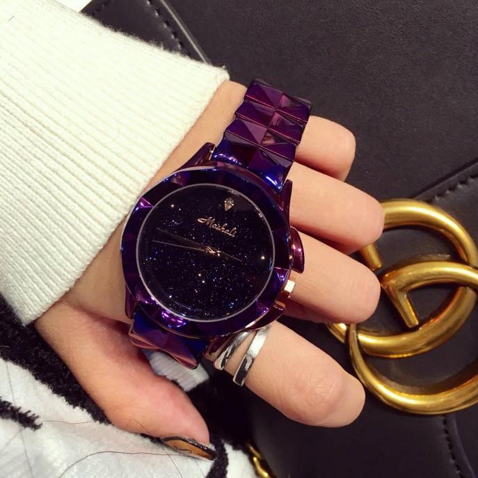 Model baru merek terkenal Jam Tangan perempuan Eropa dan Amerika sederhana kepribadian warna ungu Tali Baja Langit Berbintang hiasan berlian imitasi Produk Asli jam tangan QUARTZ jam tangan wanita