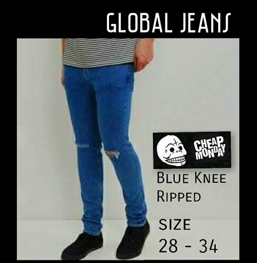 Celana Jeans Biru Sobek Lutut Ripped Pria Cowok