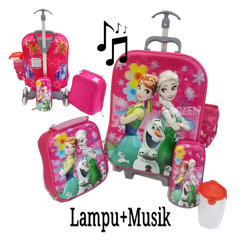 Onlan Tas LAMPU dan MUSIC Trolley Anak 4in1 Set 6 Roda Karakter Anak Perempuan Cantik