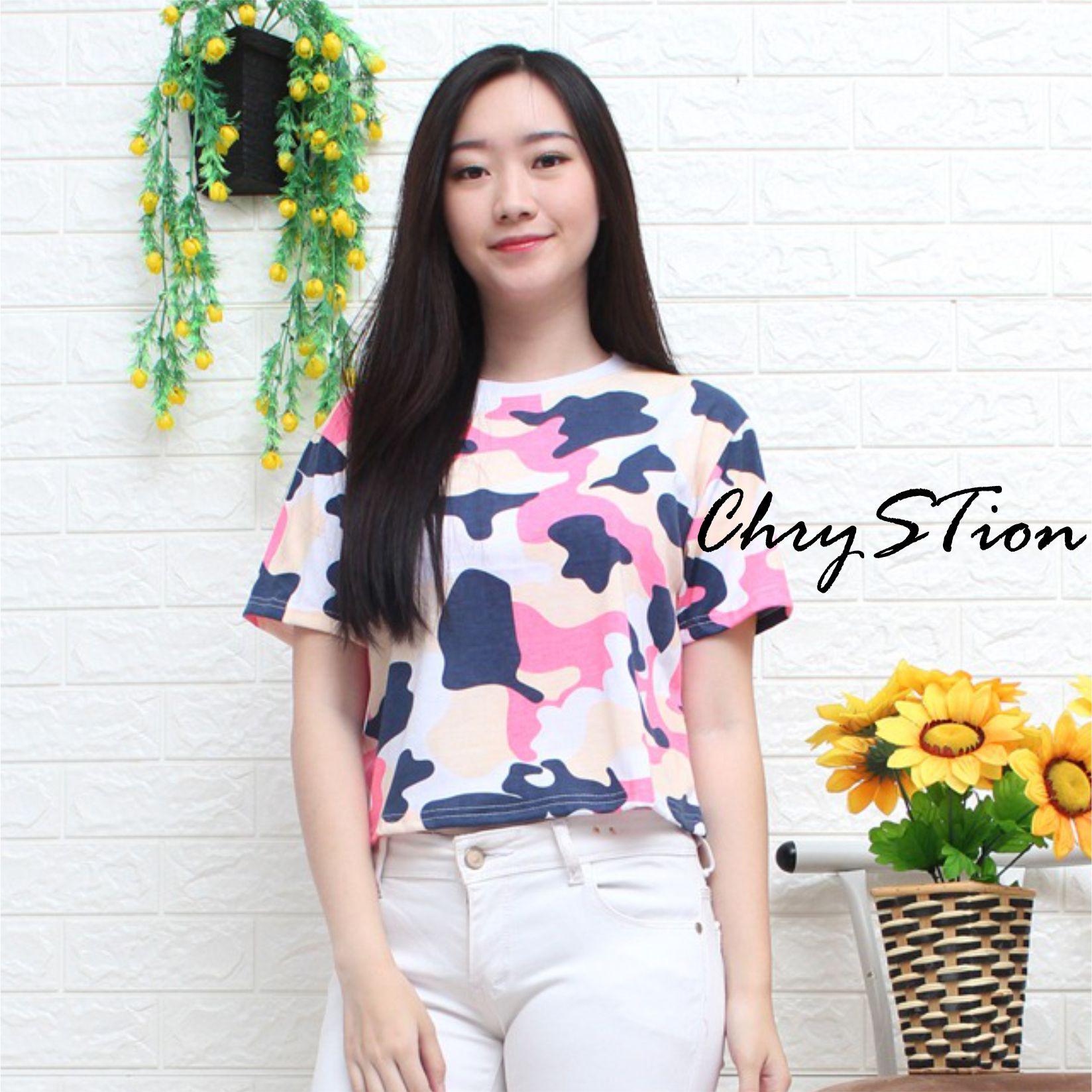Chrystion Baju Kaos Army Wanita Loreng Tumblr Crop Tee Cantik Korean Casual Style Remaja Masa Kini