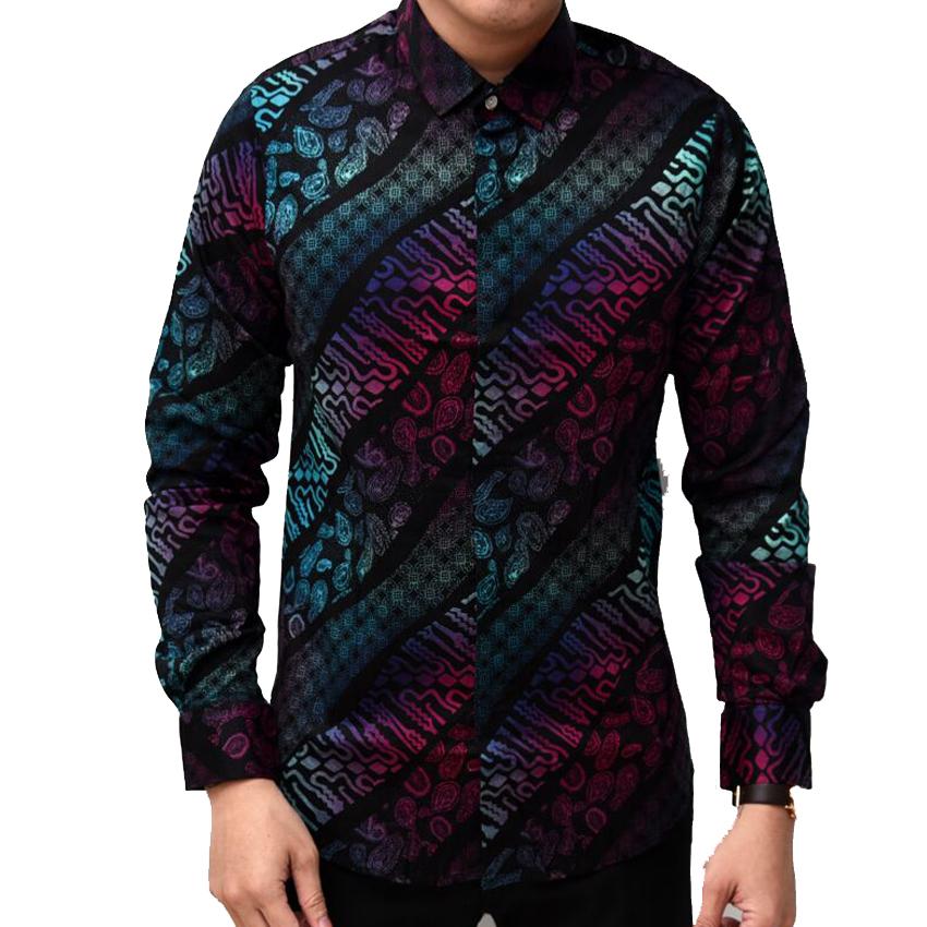 Ormano Kemeja Batik Pria Slimfit Songket Lengan Panjang Gradasi ANDIKA Kerja Kantor Kondangan Formal Casual Modern Trendy Man Fashion Slim Fit Fashionable Kasual Shirt Clothes Katun Cotton Stretch Long Sleeve Nyaman Elegan - Hitam Biru