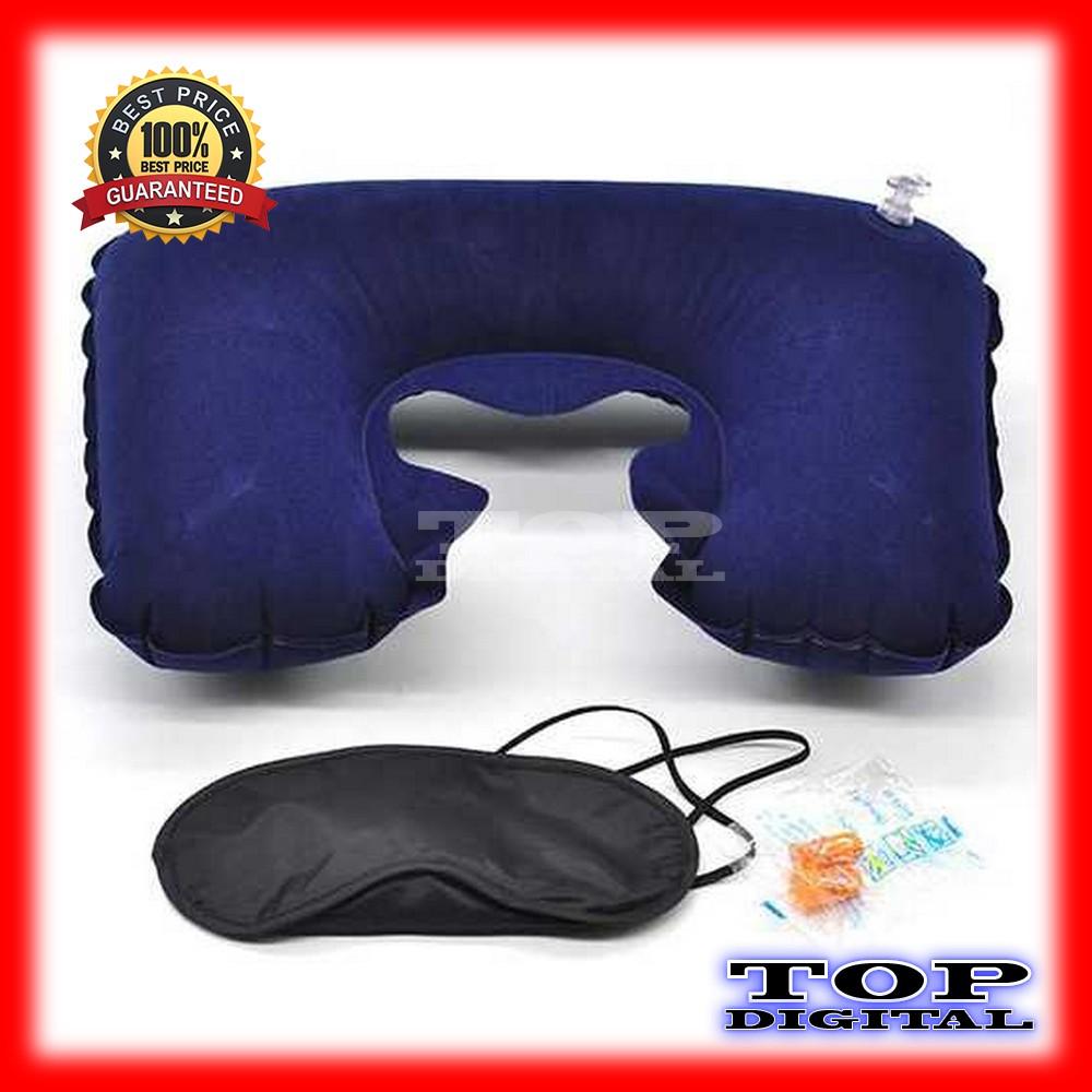 BET PRICE! SET Bantal Leher Inflatable dengan Masker Mata & Earplug Nyaman Di Pakai Travel Jalan Jalan Bepergian naik Pesawat Mobil