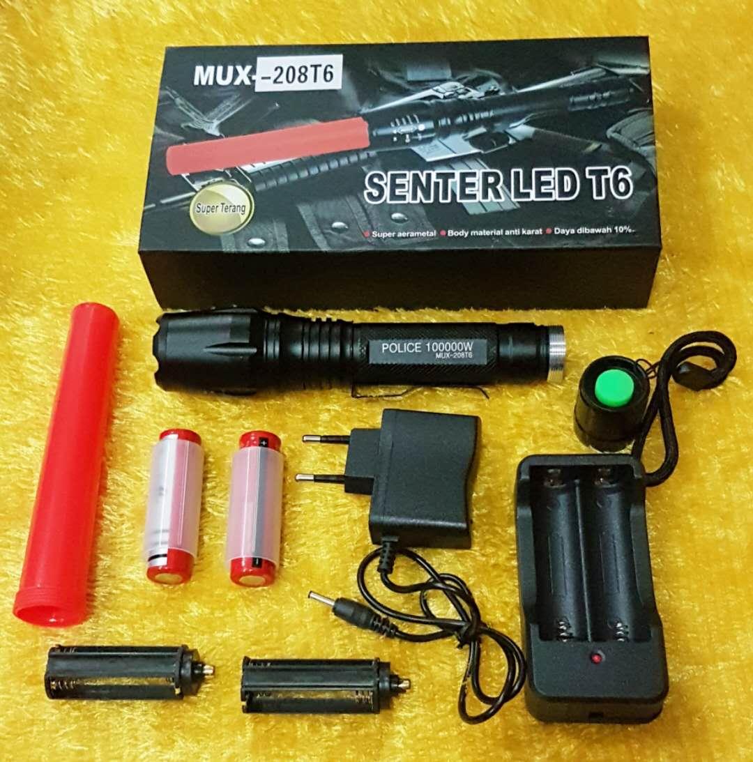 Senter Led T6 Police Swat Flashlight 208T6 - LED Putih - Zoom tarik mundur - 2 Batere