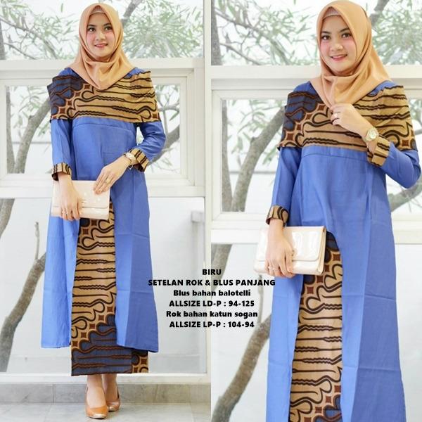 busana muslim wanita gamis batik terbaru bahan katun baloteli warna biru GB258