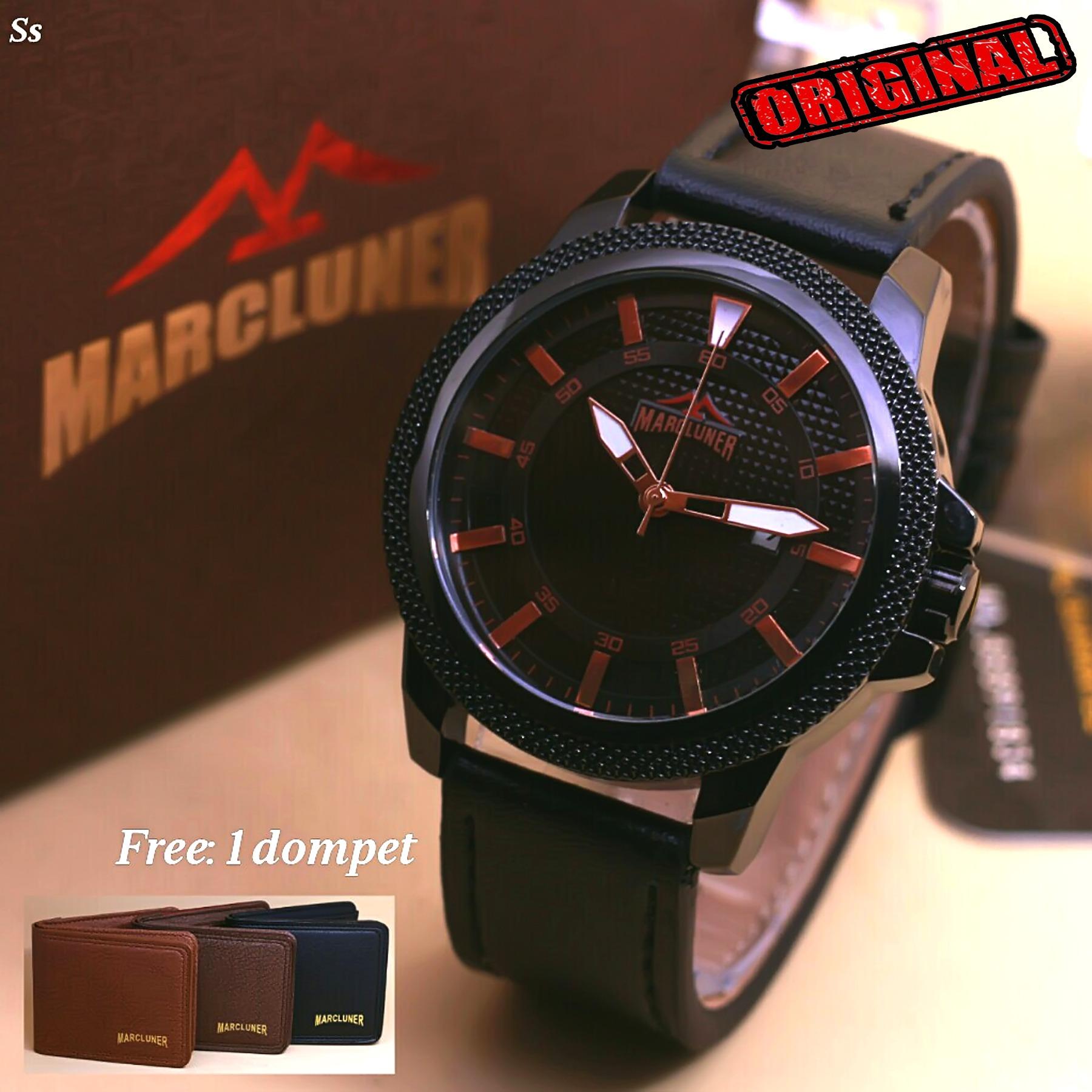 Marcluner - jam tangan pria original - strap kulit - bonus 1 dompet keren