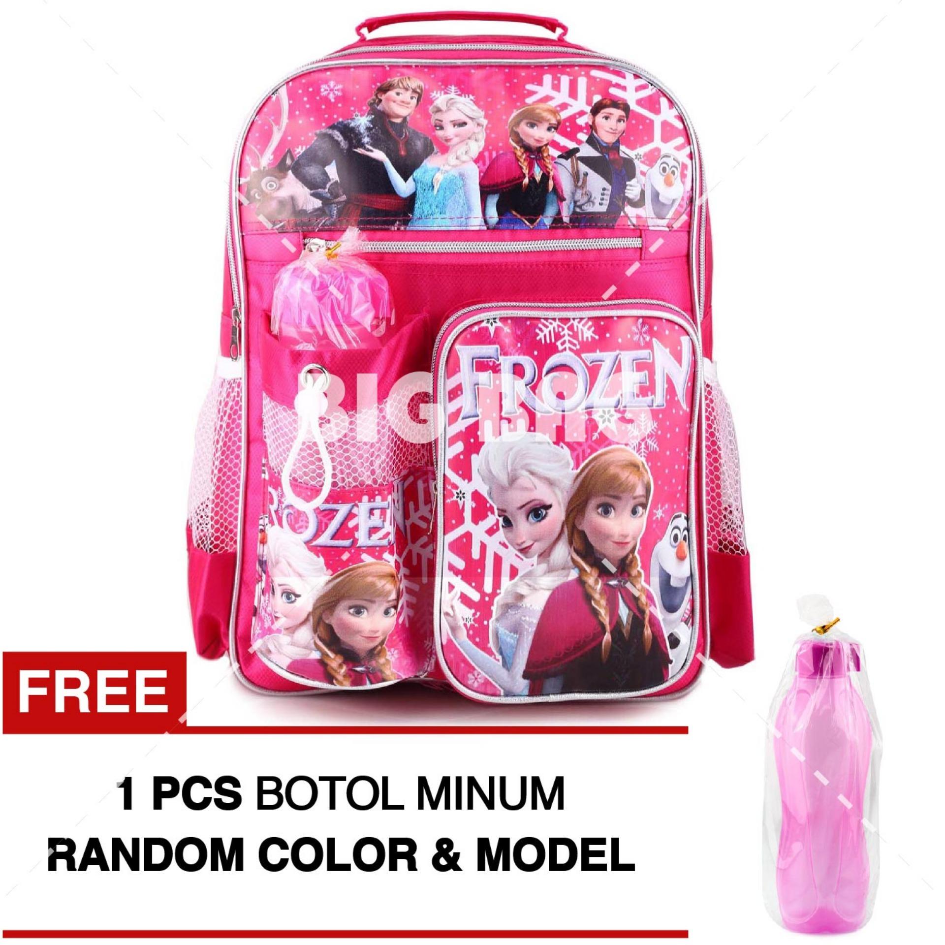 Tas Ransel Anak - Frozen Anna Elsa - Snowflake - School Bag Tas Sekolah Anak - PINK + FREE Botol Minum Random Color / Modell Tas Anak Tas Sekolah Tas Anak Karakter