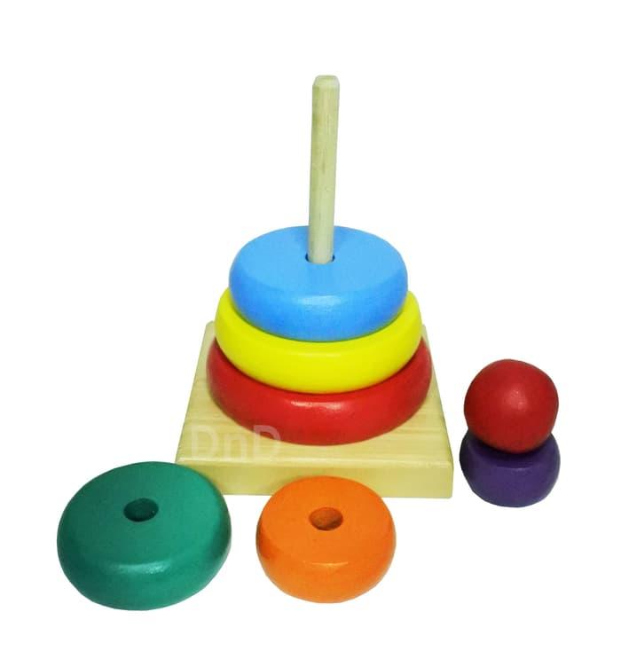 JUAL Mainan Edukatif / Edukasi Anak - Balok Kayu Rainbow Tower Menara Donut