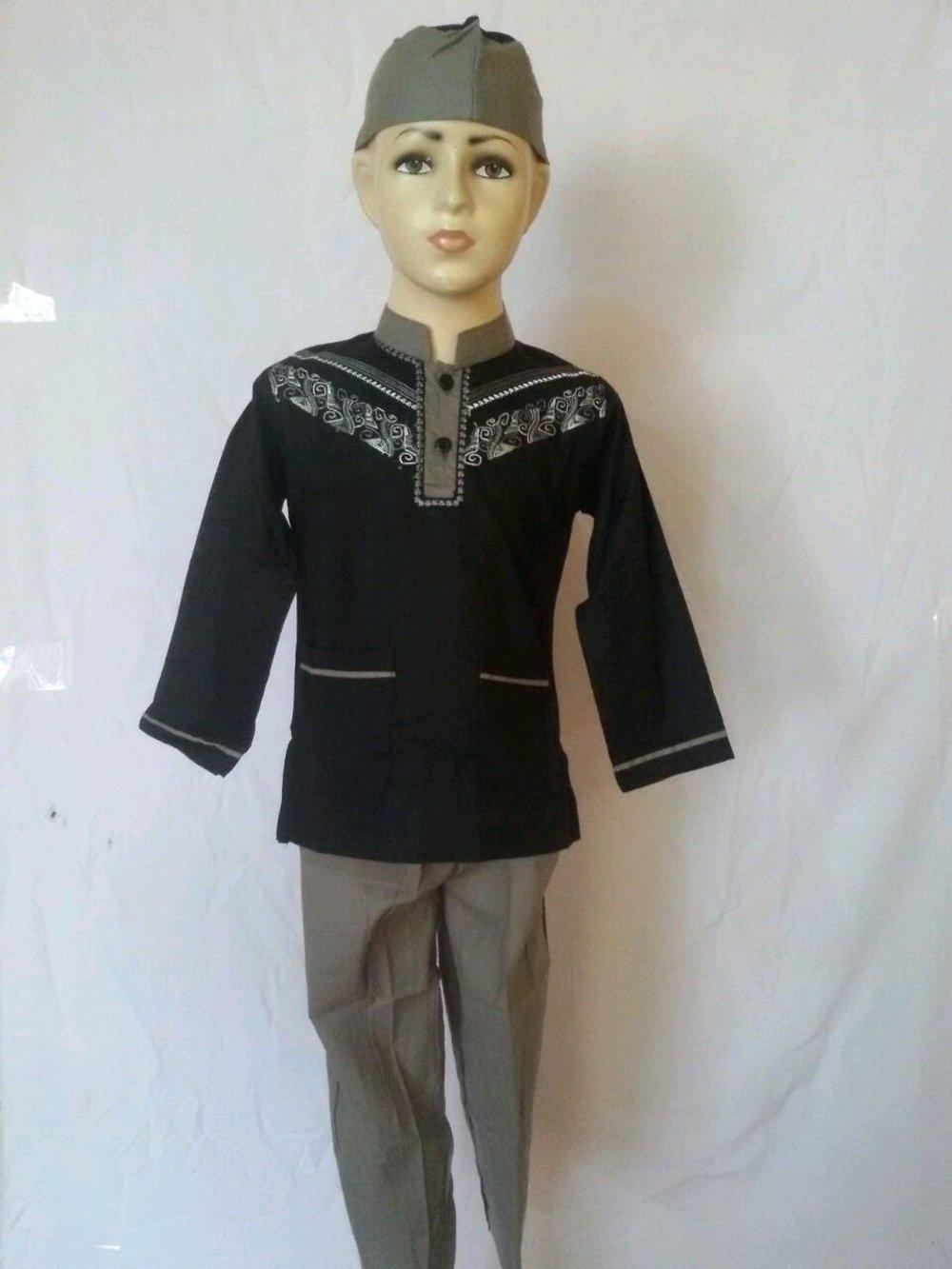 Setelan Baju Koko Anak Bordir Lengan Panjang Hitam Abu Gamis Anak Tanah Abang Jakarta SAK 081L di lapak Al Muttaqin Collection produsenbajukoko