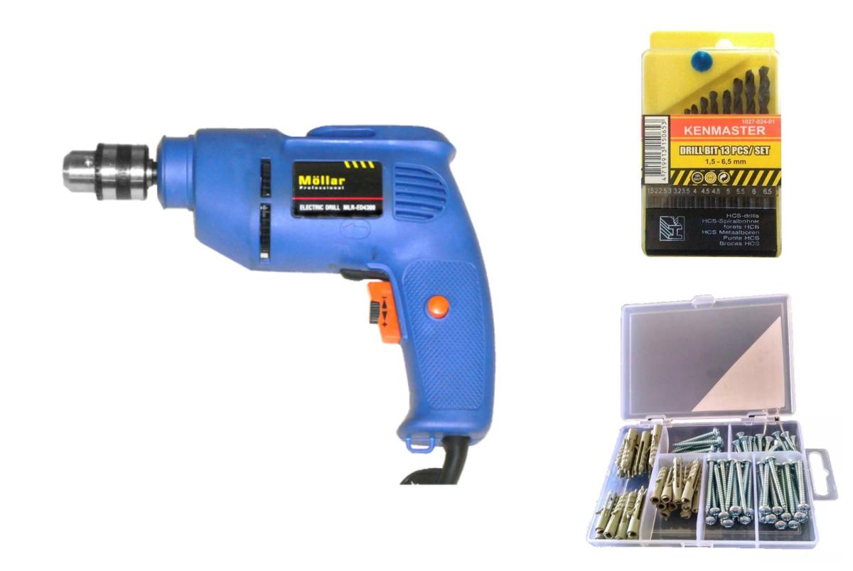 Paket MOLLAR MLR-ED430 Bor Listrik & Mata Bor Besi Set KENMASTER & Sekrup Fisher Set