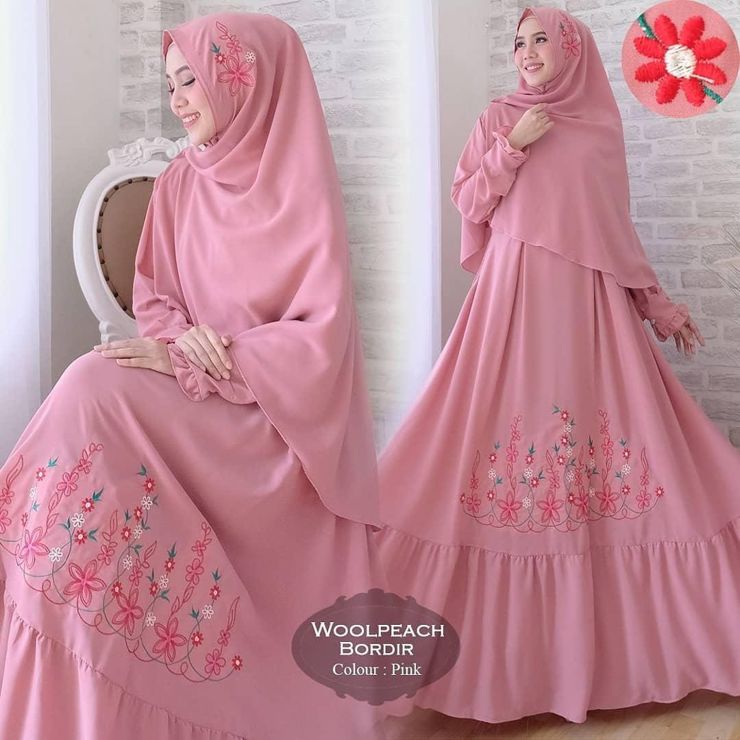 Media Fashion Shop - Baju Gamis Syari Wanita Muslim Gamis woolpeach bordir - bahan gamis wolpeach kombinasi bordir ld 110 pjg 140 lebar bawah 4 m busui karet blkg ada kancing di tangan + bergo