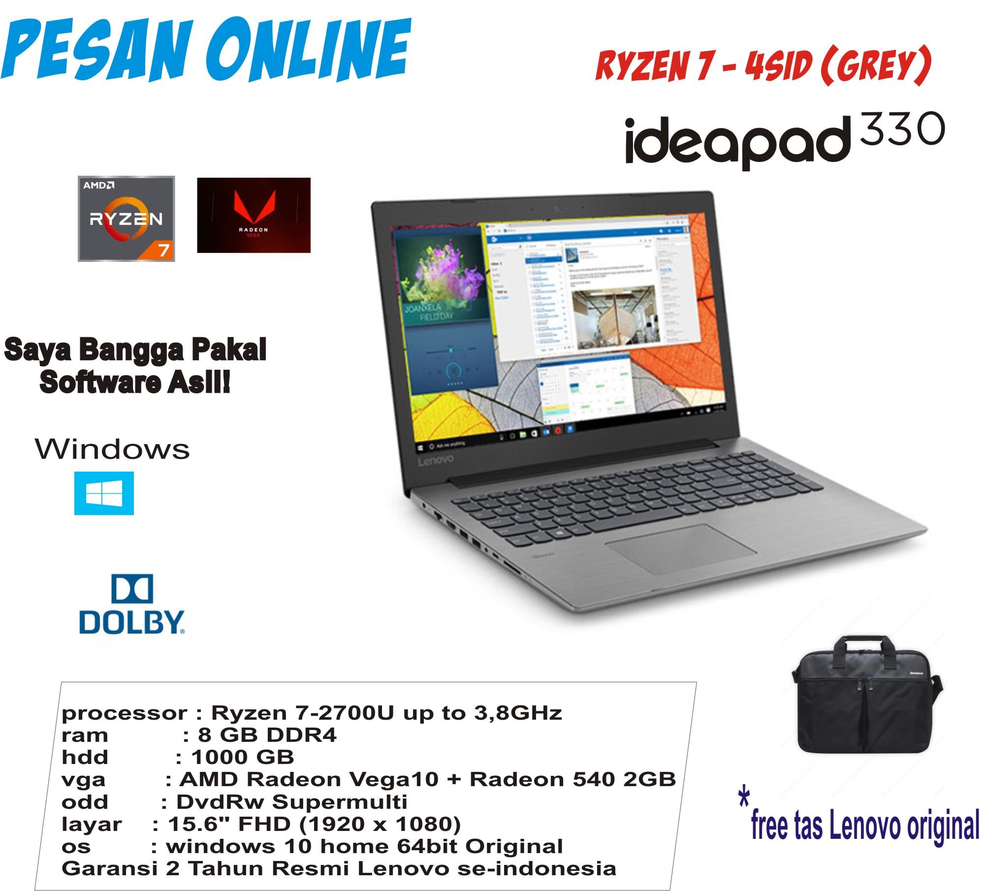 Lenovo IdeaPad 330 -15ARR AMD Ryzen 7 -2700U RAM 8GB DDR4 HDD 1TB 15.6 FHD Radeon 540 2GB Garansi 2 Tahun Resmi