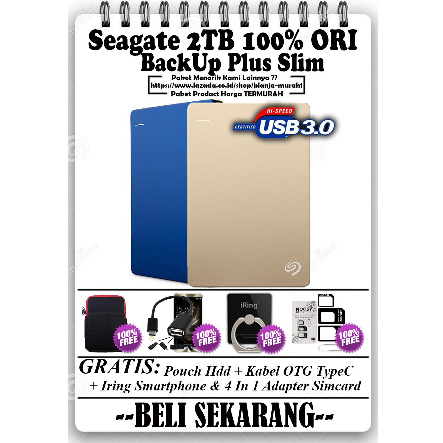 Seagate Backup Plus Slim 2TB - HDD - HD - Hardisk External 2.5 - GRATIS Pouch HDD Ext + Usb OTG Type C + 4 in 1 Adapter Simcard & Iring Stand HP/Tablet