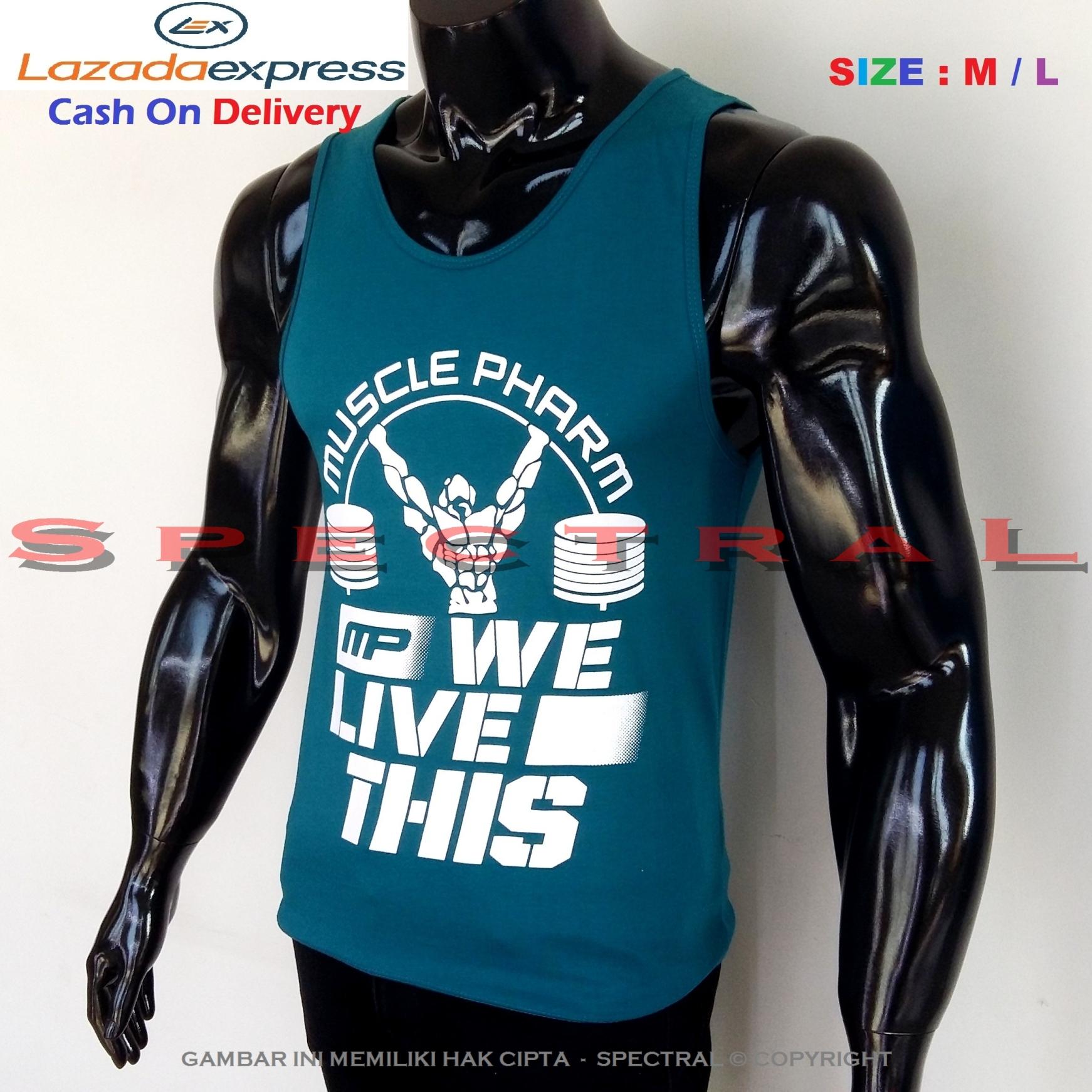 Spectral – Singlet Muscle Pharm M / L Premium Cotton Combed 30s Otot Angkat Besi Beban Hijau Tosca