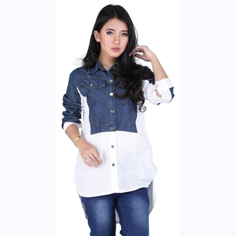 Baju Kemeja Wanita Cewek Cewe Lengan Panjang Biru Putih DC 029 CZ