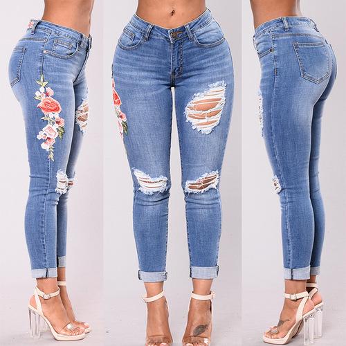 Дж I Н С Ы Ж Е Н Щ I Н Perempuan Bordir Celana Jeans Wanita Celana Jeans Sobek (angkatan Laut Biru)