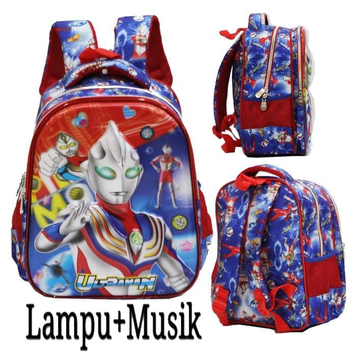 Onlan Tas LAMPU+MUSIC Ransel Anak Sekolah TK Atau PG Import Ultraman Super Hero 5D Timbul - Blue