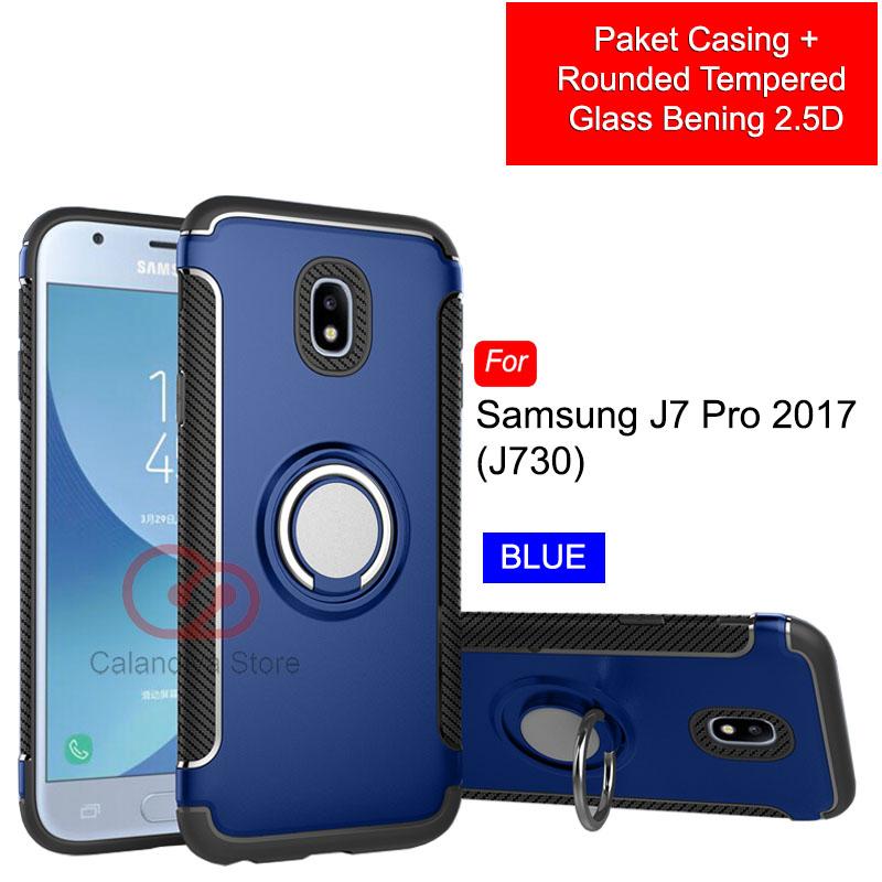 Calandiva Ring Carbon Kickstand Hybrid Premium Quality Grade A Case for Samsung Galaxy J7 PRO 2017 ( J730 ) + Rounded Tempered Glass Bening 2.5D
