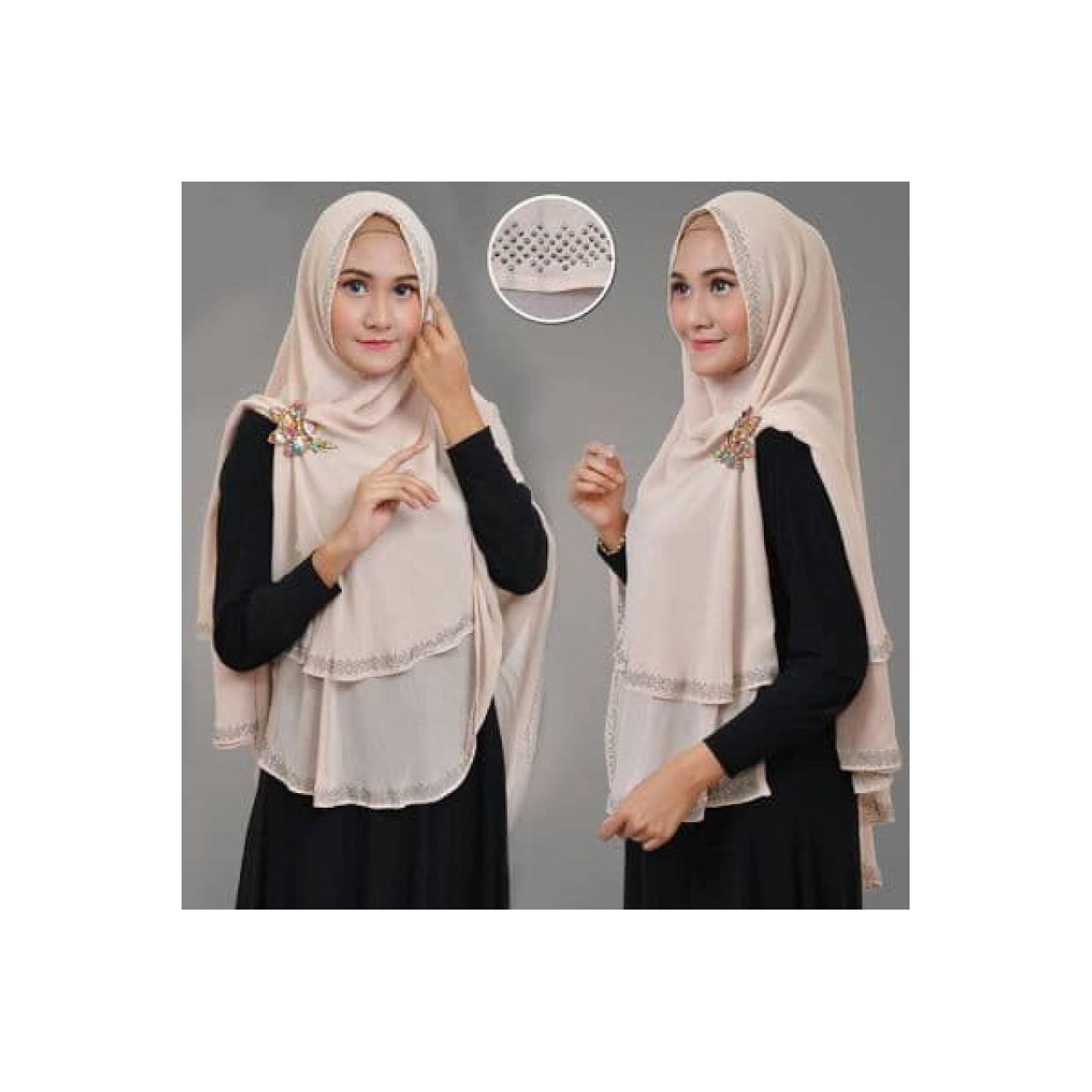 Almeira Bergo Syari Gray Stone Cream / Jilbab Besar Fashion Muslimah