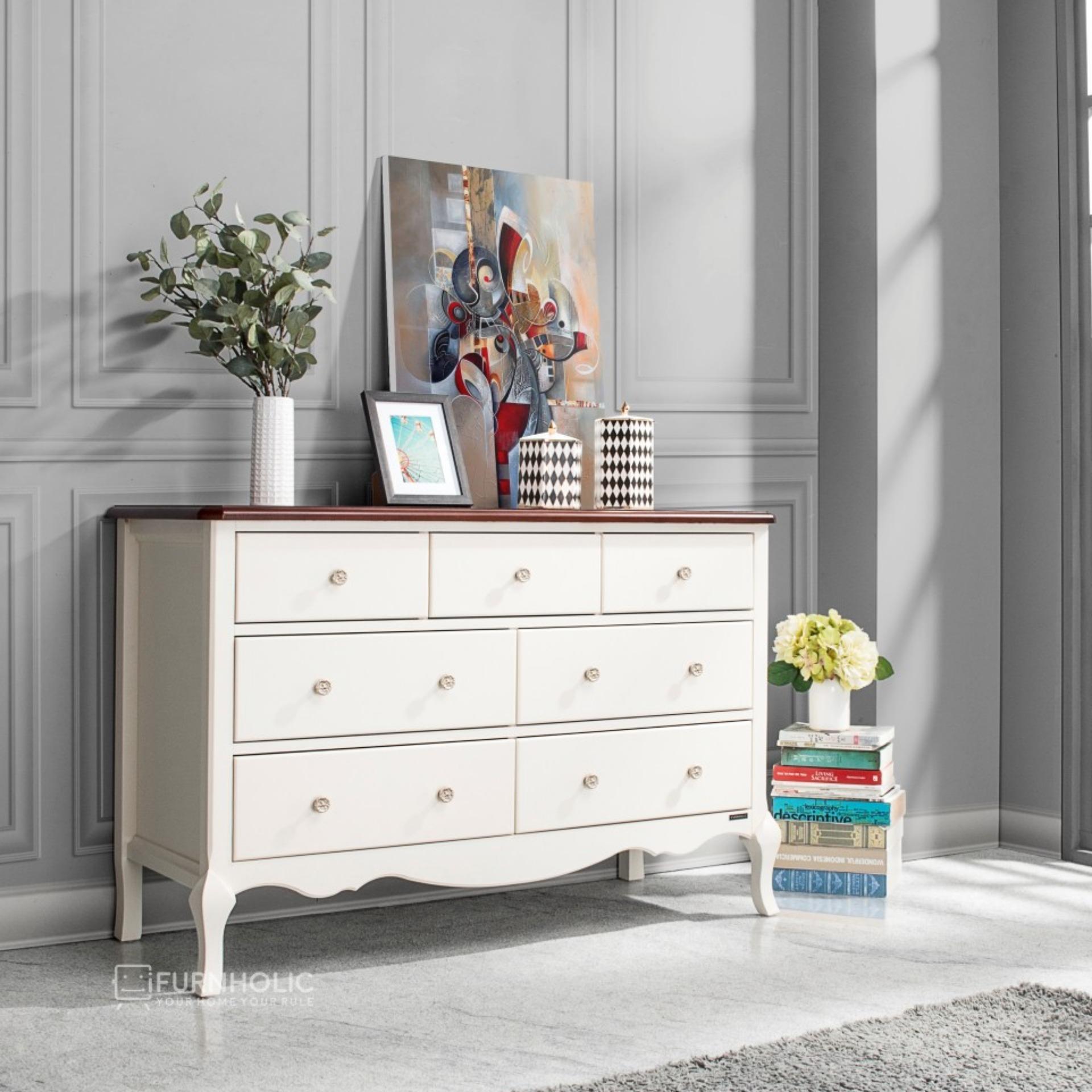 iFurnholic Baroque Wide Chest - Lemari 7 Laci - Putih Tulang Top Coklat Tua - Gratis Pengiriman Pulau Jawa dan Denpasar