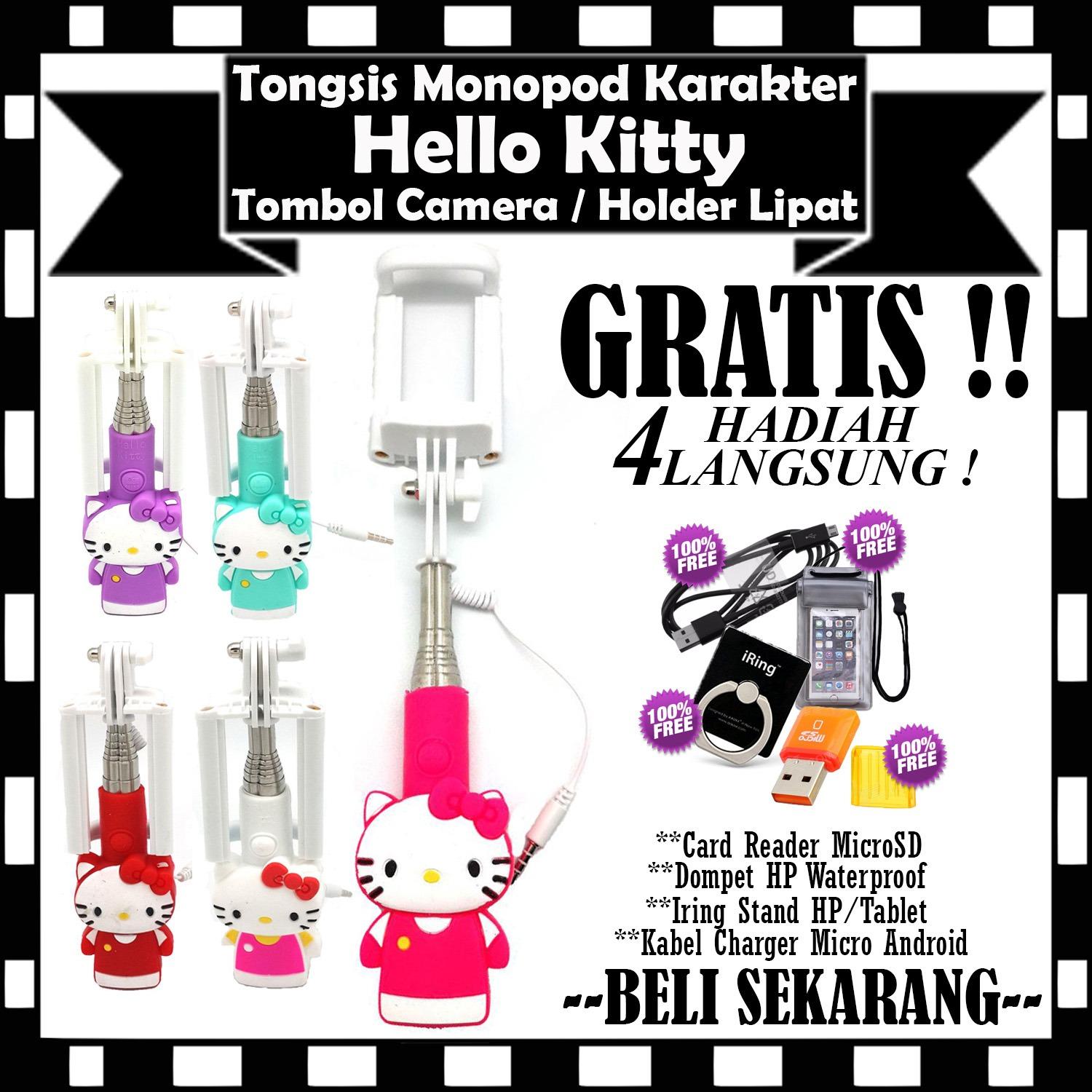 BLANJA MURAH - Tongsis Monopod Mini Karakter Hello Kitty Kabel Dengan Tombol Kamera & Holder Lipat - GRATIS Kabel Charger Micro Android + Dompet HP Waterproof + Iring Stand HP/Tablet & Card Reader MicroSD
