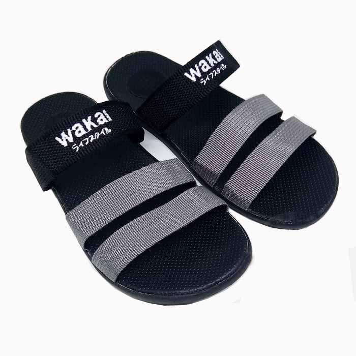 Sandal Wakai Pria Wanita - Sandal Fashion Sandal Murah selempang tiga hitam