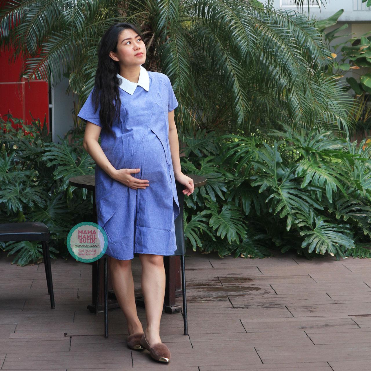 Mama Hamil Baju Hamil Dress Hamil Menyusui Sofie Dress Krah Putih Kerja Modis - DRO 848