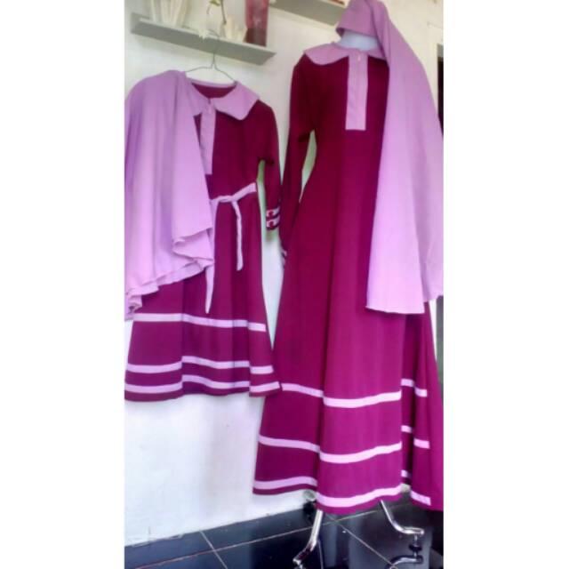 (TERBARU) Set Gamis Syar'i Couple Ibu Dan Anak Warna Maroon Kombinasi List Dusty Pink, Murah, Cantik (Set Anak 9-10 th)