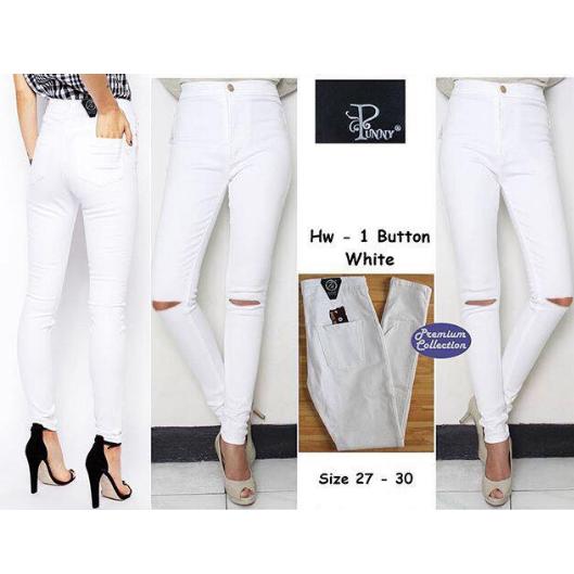 OLIVIAFASHION CELANA JEANS BASIC HIGH WAIST STRETCH PUTIH SOBEK LUTUT SIZE 29