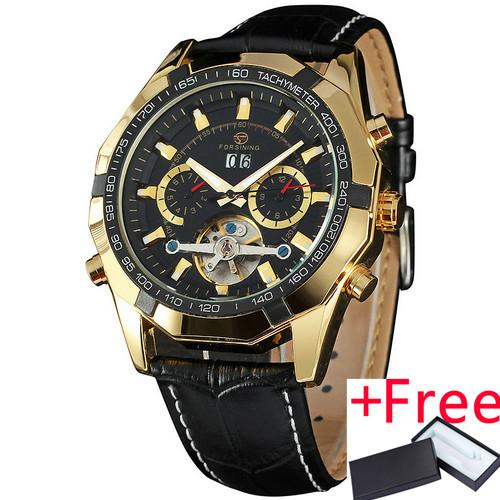 Forsining Pemenang 027 P Pria Otomatis Mekanis Tourbillon Jam Tangan Modis Asli Kulit Tali Jam Tang