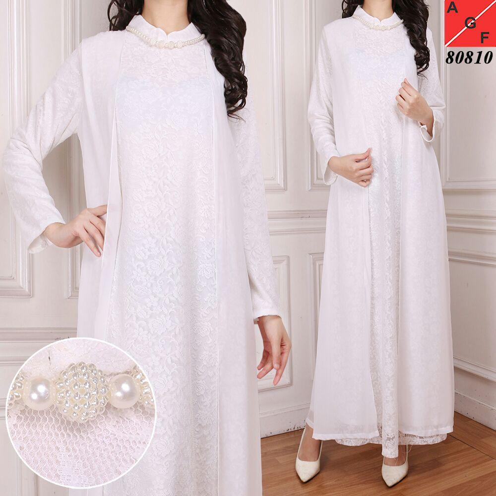Baju Gamis Wanita / Gamis Brukat / Gamis Putih Umroh Haji / Busana Baju Muslim Wanita #80810 STD (SIZE L)