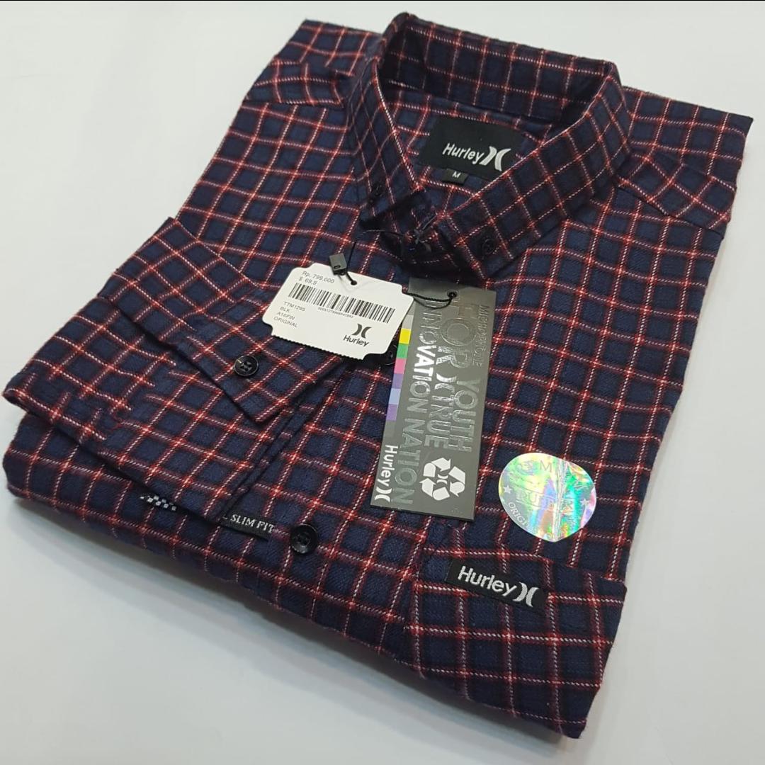New Arrival Kemeja Flanel Lengan Panjang Pria-Navy Garis Merah