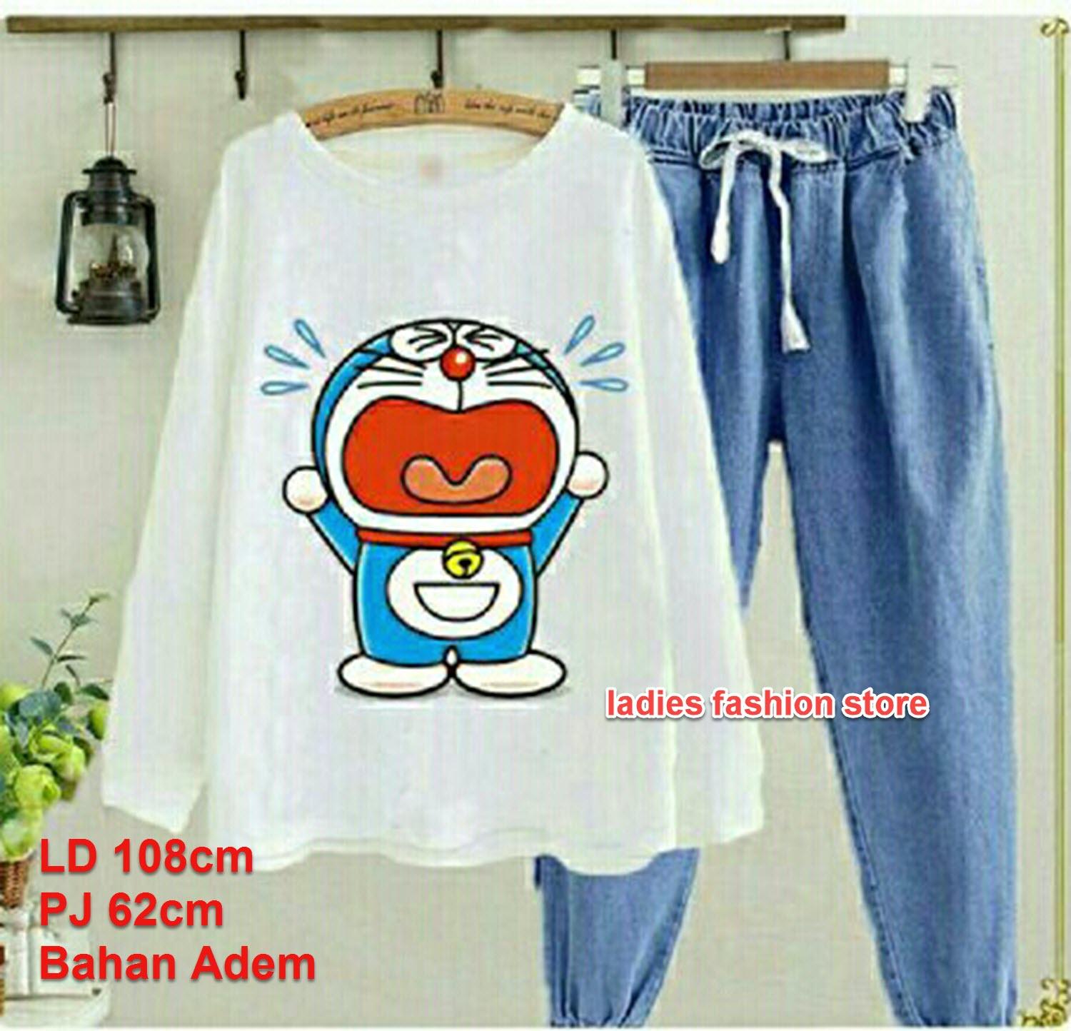 LF Setelan Baju dan Celana Wanita 2in1 Dora / Kaos Celana Wanita Murah / Fans Club DORAEMON / Atasan Wanita / Baju Lebaran / Baju Remaja Wnaita / Baju DORAEMON Jalan Santai / Stelan Murah Kartun / Stelan Santai Wanita Kasual nr doracry CRY