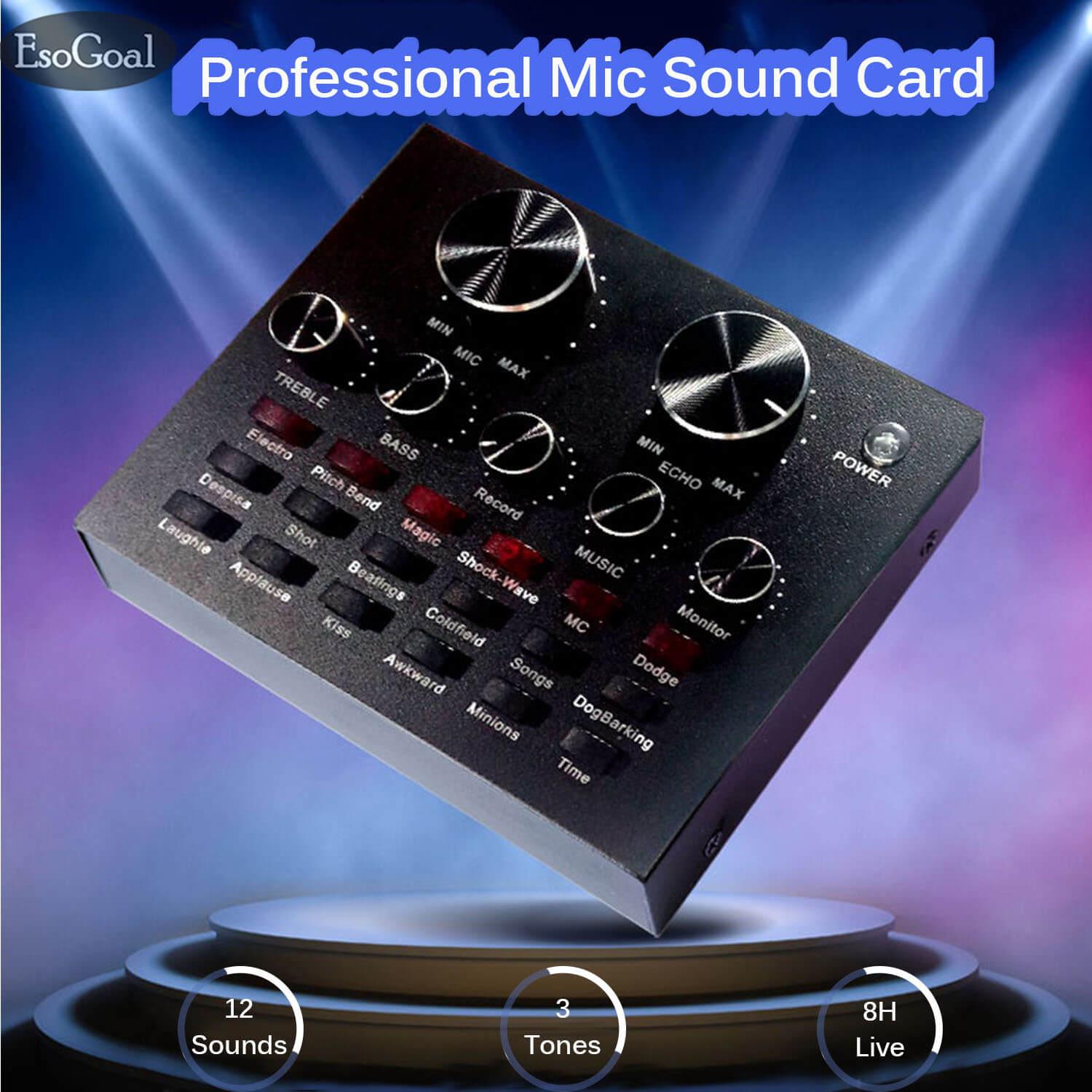 EsoGoal Audio Mixer Audio Interfaces Karaoke Sound Card Digital Effects Net Red Live Streaming Audio Interface with 12 Electric Sounds 12 Sound Effects 3 Tones for TV PC smart phone