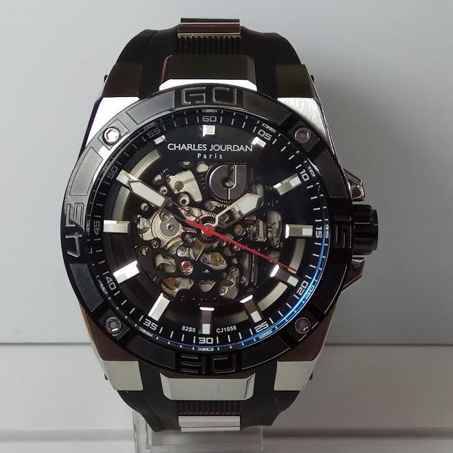 Charles Jourdan Jam Tangan Pria Charles Jourdan CJ1058-1332A Automatic Silver Black St-Steel Silicone Strap