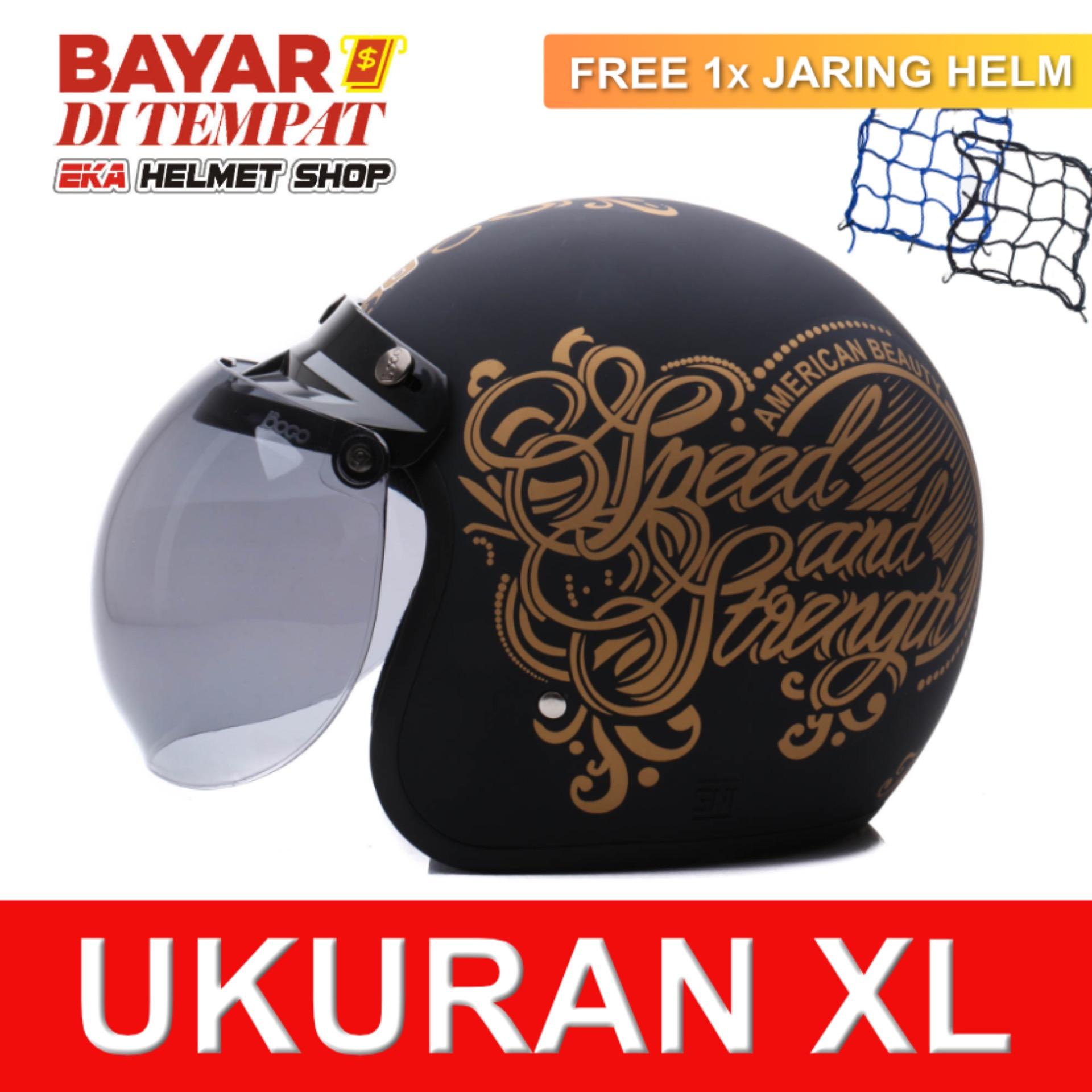 WTO Helmet Retro Bogo - Strength - Hitam Doff Gold + Promo Gratis Jaring Helm