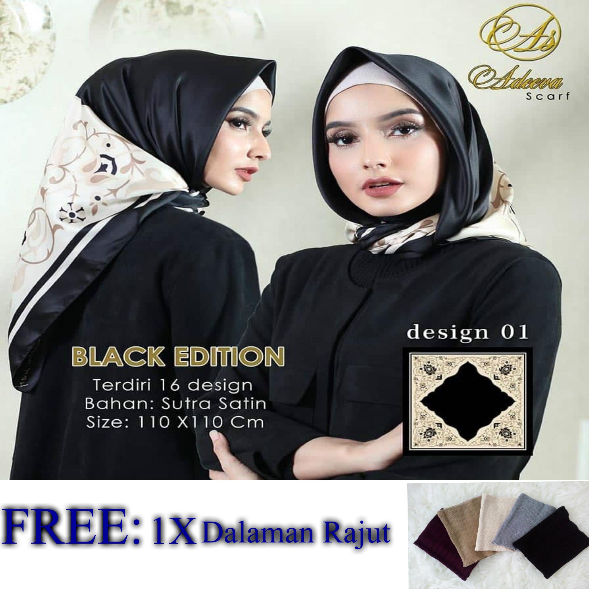 Hijab Segi Empat Motif BLACK EDITION Bahan Sutra Satin FREE Dalaman Rajut
