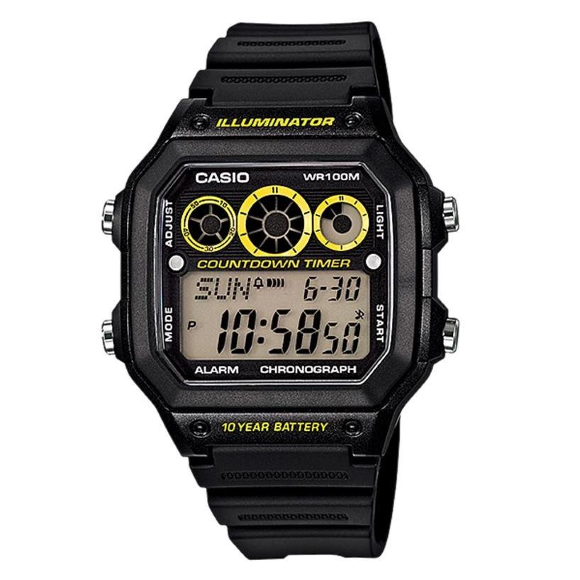 CASIO AE-1300WH-1AVDF - Youth Series - Illuminator - Square Shape - World Time - Jam Tangan Pria - Bahan Tali Resin - Black
