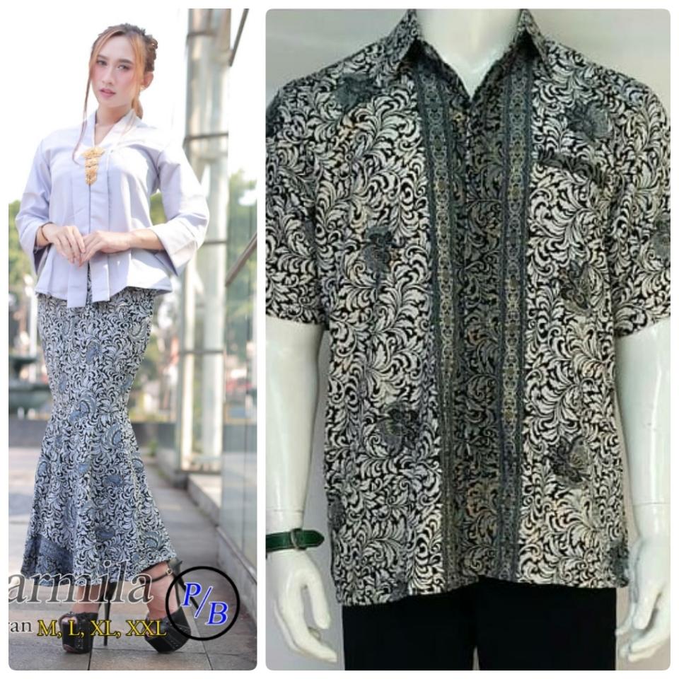 BAJU PASANGAN KEBAYA PESTA DAN BATIK PRIA / KUTUBARU MURAH / ROK DUYUNG / KEMEJA PRIA / COUPLE KEBAYA PESTA KARMILA WARNA LIGHT GREY DAN BATIK PRA ( FREE BROS CANTIK)