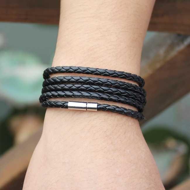 Ormano Gelang Braided Kulit Bram Magnetic 5 Laps Bracelet Women Man Accessorie Fashion Unisex Leather Strap Trendy Modis Simple Cool Desgin Kasual Aksesoris Perhiasan Pelengkap Busana s7448 - Black