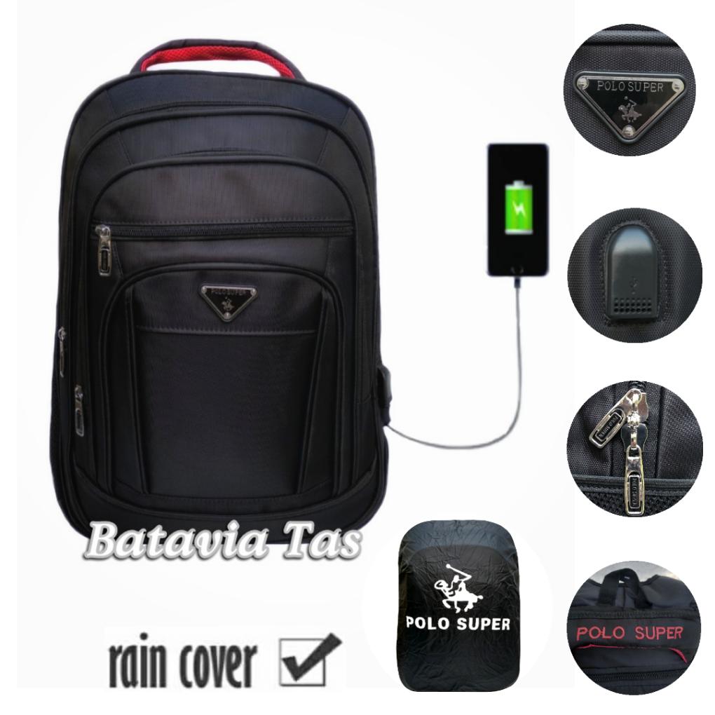 Batavia Tas Ransel Laptop Polo Super Tas Ransel Pria Tas Ransel Wanita Tas Laptop Tas Laptop Murah Tas Laptop USB Port Charge Tas Punggung Tas Kerja Tas Kuliah Tas Ransel Laptop Import Black+ Waterproof Raincover