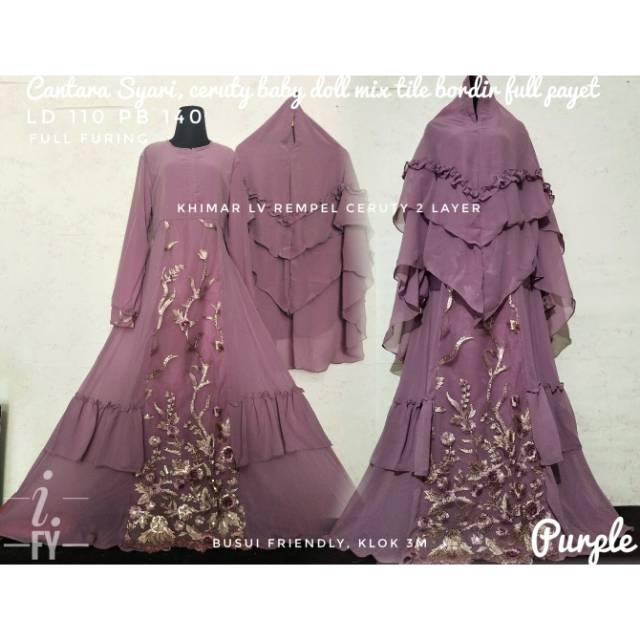 SET GAMIS GAUN SYARI BAJU LEBARAN MUSLIMAH PESTA MEWAH CERUTY BORDIR PAYET KHIMAR LV JUMBO BUSUI ORI (peach)
