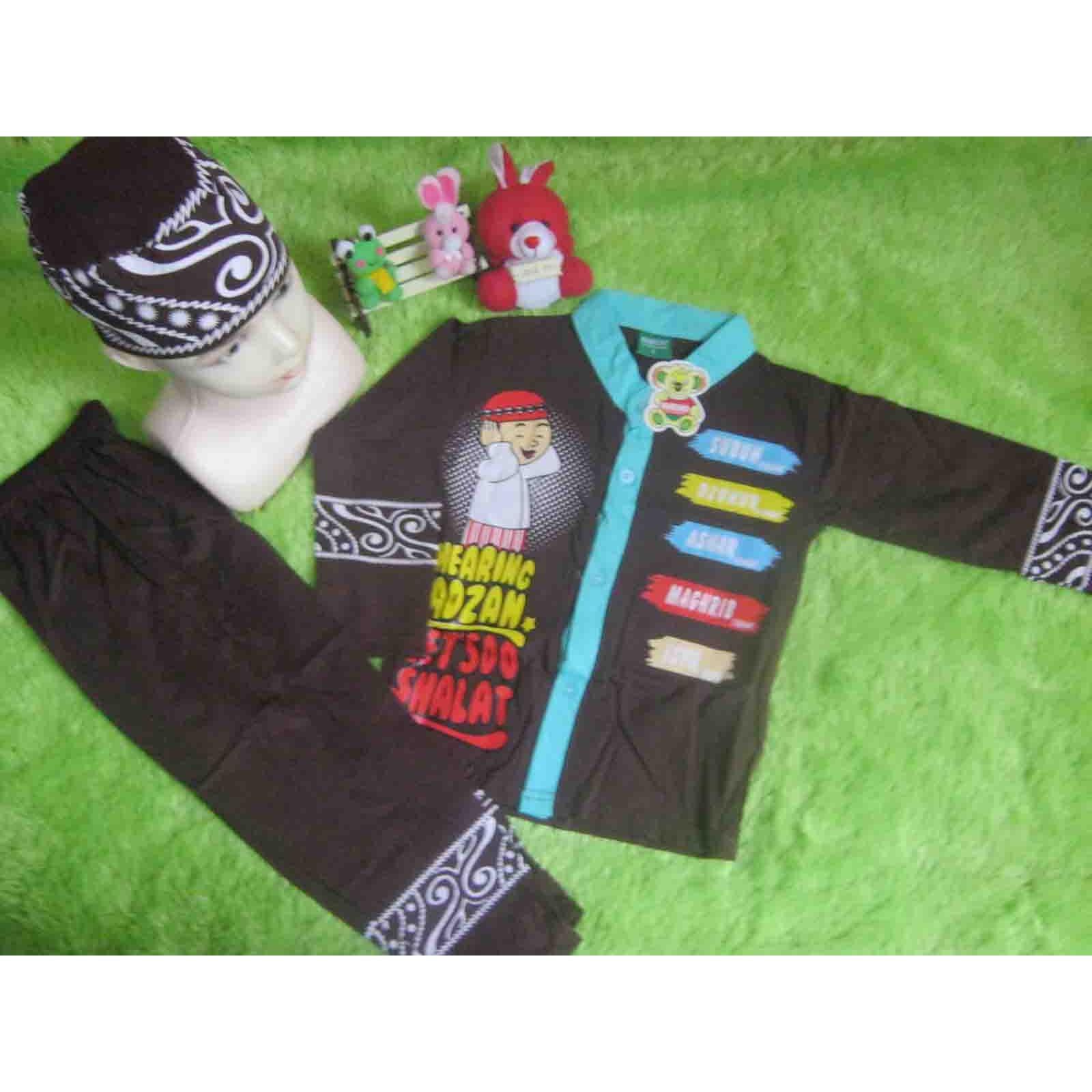kembarshop - setelan baju koko baju muslim anak 2 tahun cokelat plus peci motif random