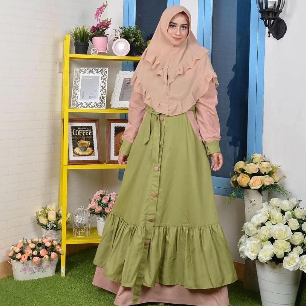 (TERBARU) Termurah Marisa Dress Muslim Wanita/Gamis Muslim/pakaian/muslim gamis/Dress/Baju Murah/Gamis Pesta (Hijau Comb Mocca)