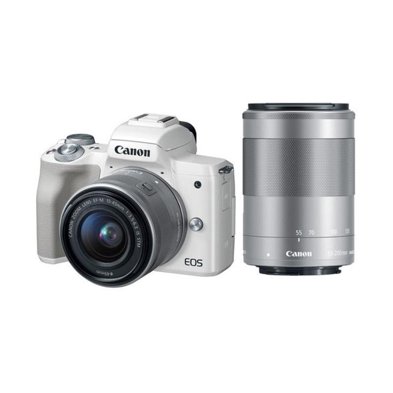 Canon EOS M50 Kit 15-45mm Kamera Mirrorless - White + Lensa 55-200mm White