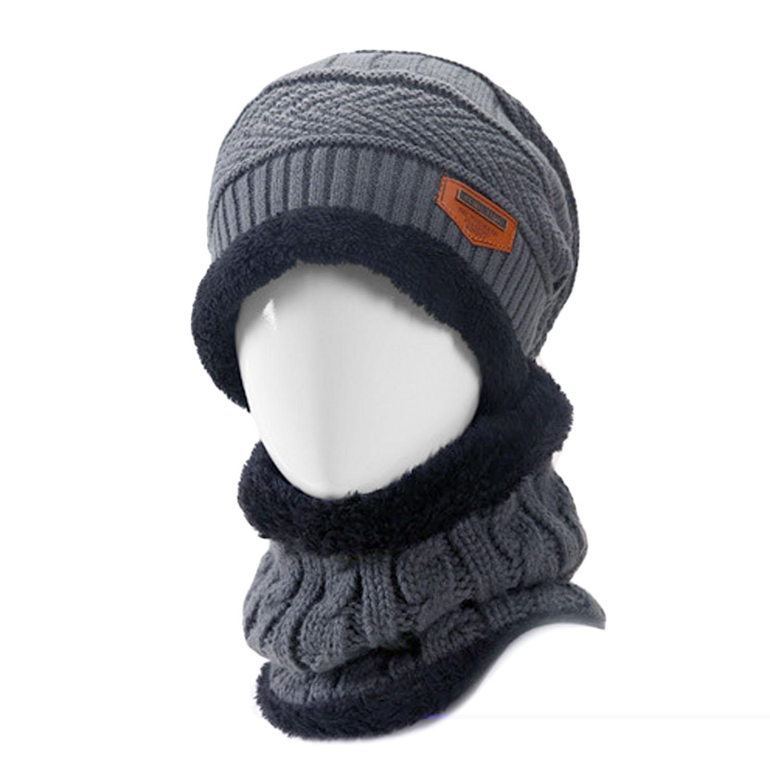 2 Pcs Unisex Winter Knit Hat dan Leher Hangat Syal Set Pria Wanita Tebal Rajutan Skull Cap Beanie Hat Hangat Scarf Grey-Intl