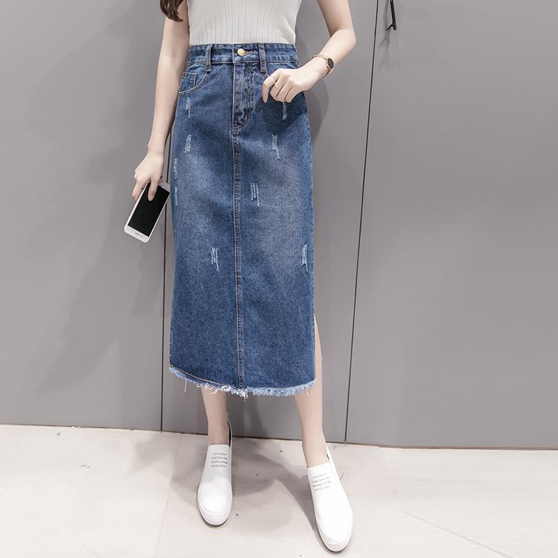 Rok Setengah Badan Korea Modis Gaya Koboi Rok Setengah Panjang Pinggang Wanita Tinggi (Biru)