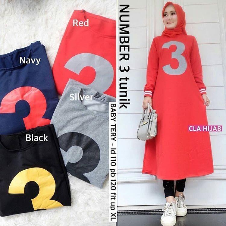 Baju Original Number 3 Long Tunik Babyterry Pakaian Wanita Muslim panjang Fashion Cewek Atasan Fashionable Terbaru Simple Casual 2018