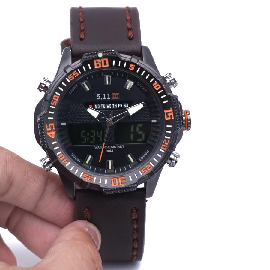 Jam tangan pria double time army 5.11 leather strap dual time digital analog tali kulit cowok